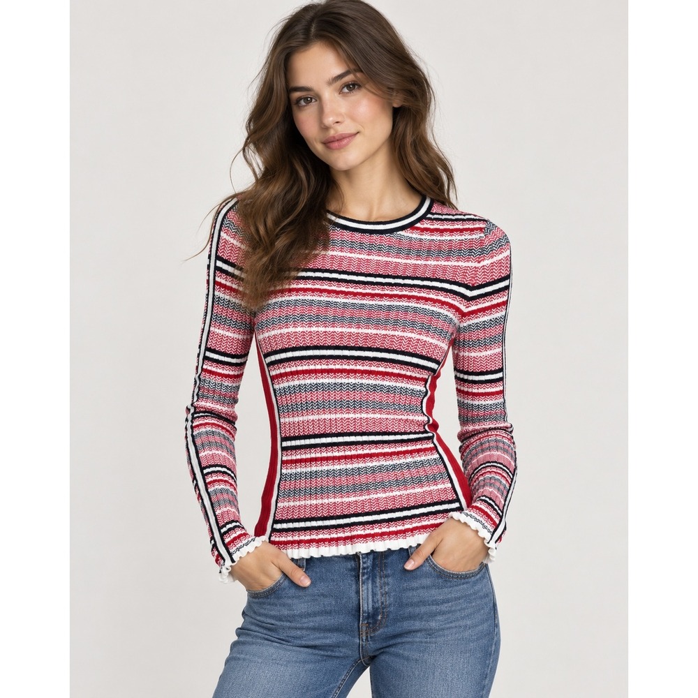 Autumn Cashmere Ribbed Sweater Womens Small Red Blue White Striped Crew Neck Top